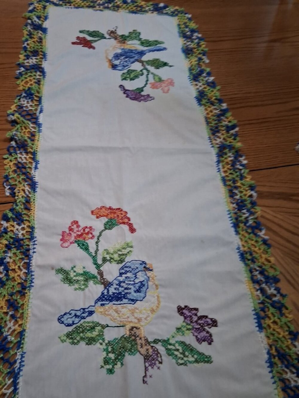 Embroidered Blue Bird Table Runner